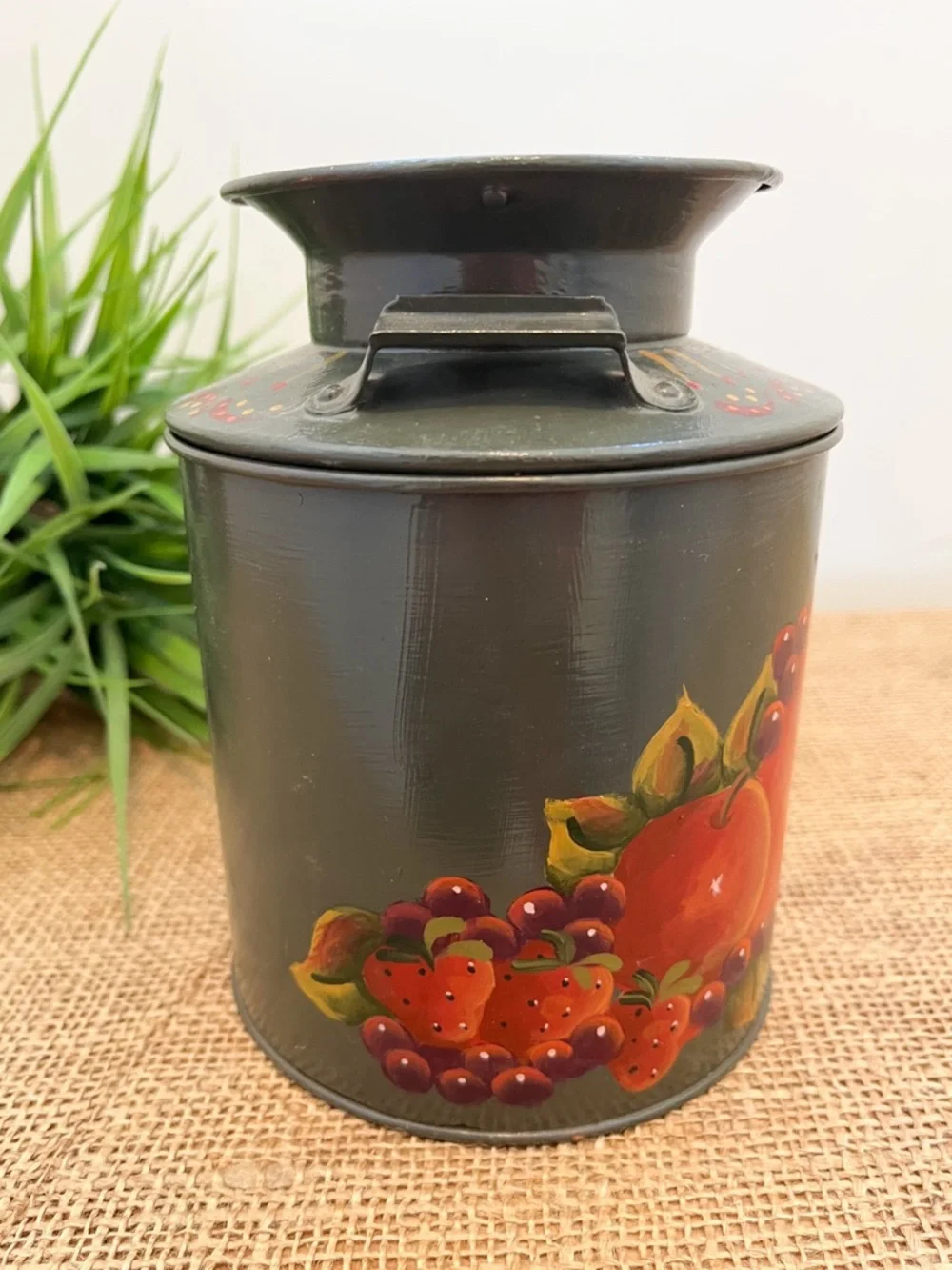 Vintage Tole Painted Folk Art Fruit Tin Container with Lid